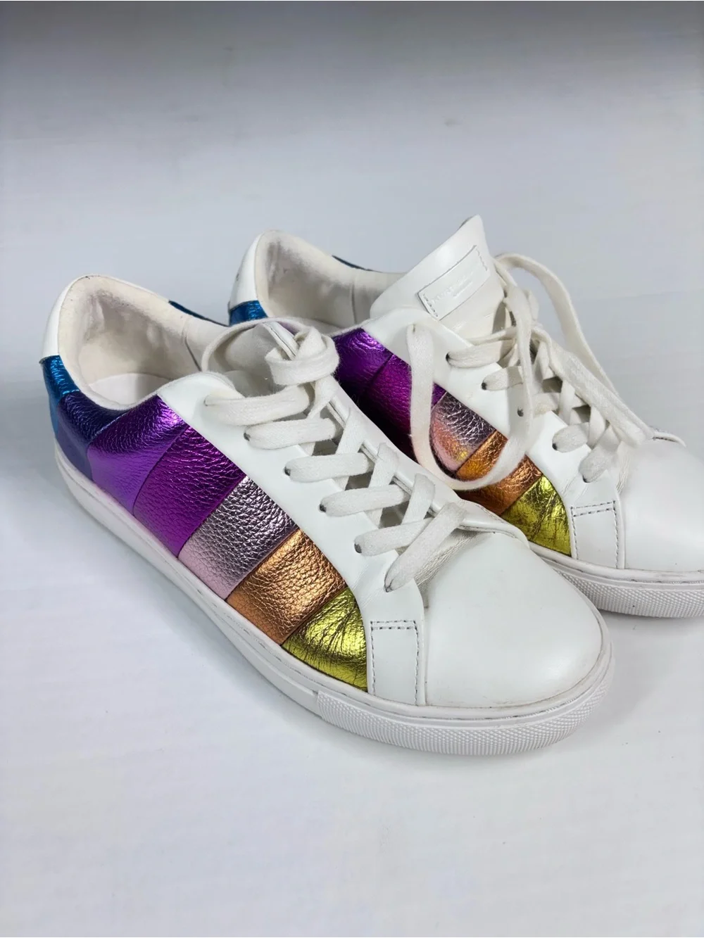 Kurt Geiger Metallic Rainbow Sneakers White Leather Iridescent Fun Leather 8.5